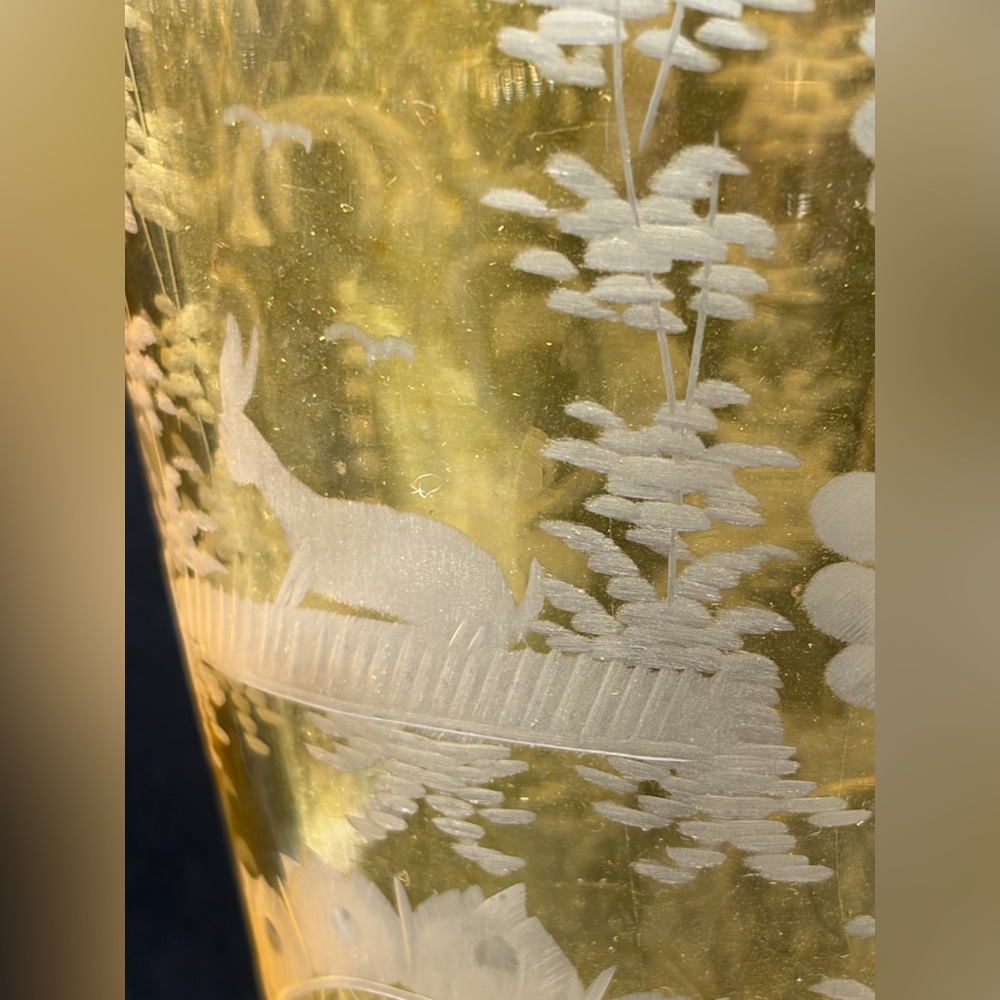 Vintage Bohemian Etched Yellow Pastoral Castle Rabbit Bird Landscape Glass Vase - Picture 3 of 16